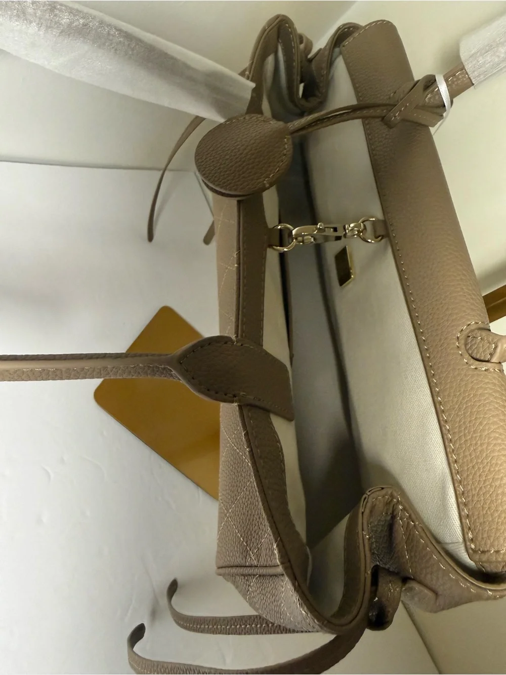 Taupe Quilted Shoulder Bag with Top Handle